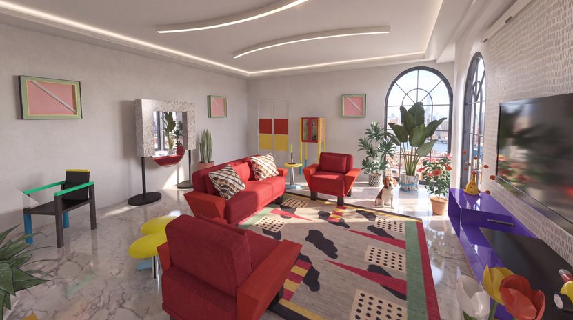 sala de estar em estilo Memphis