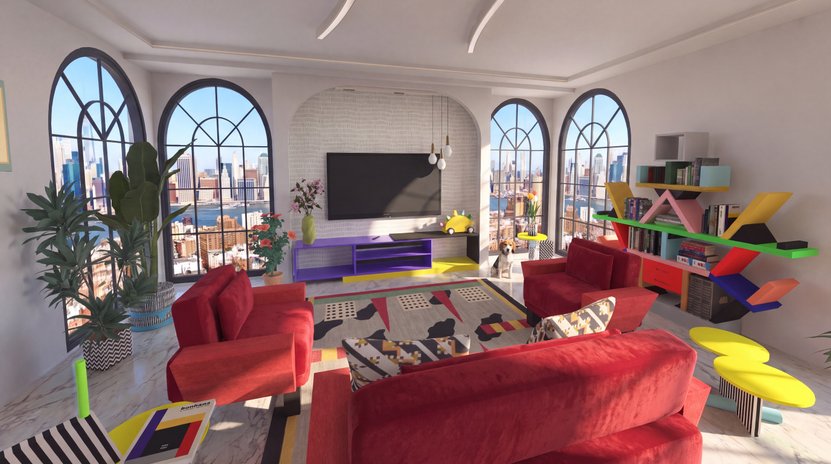 sala de estar em estilo Memphis