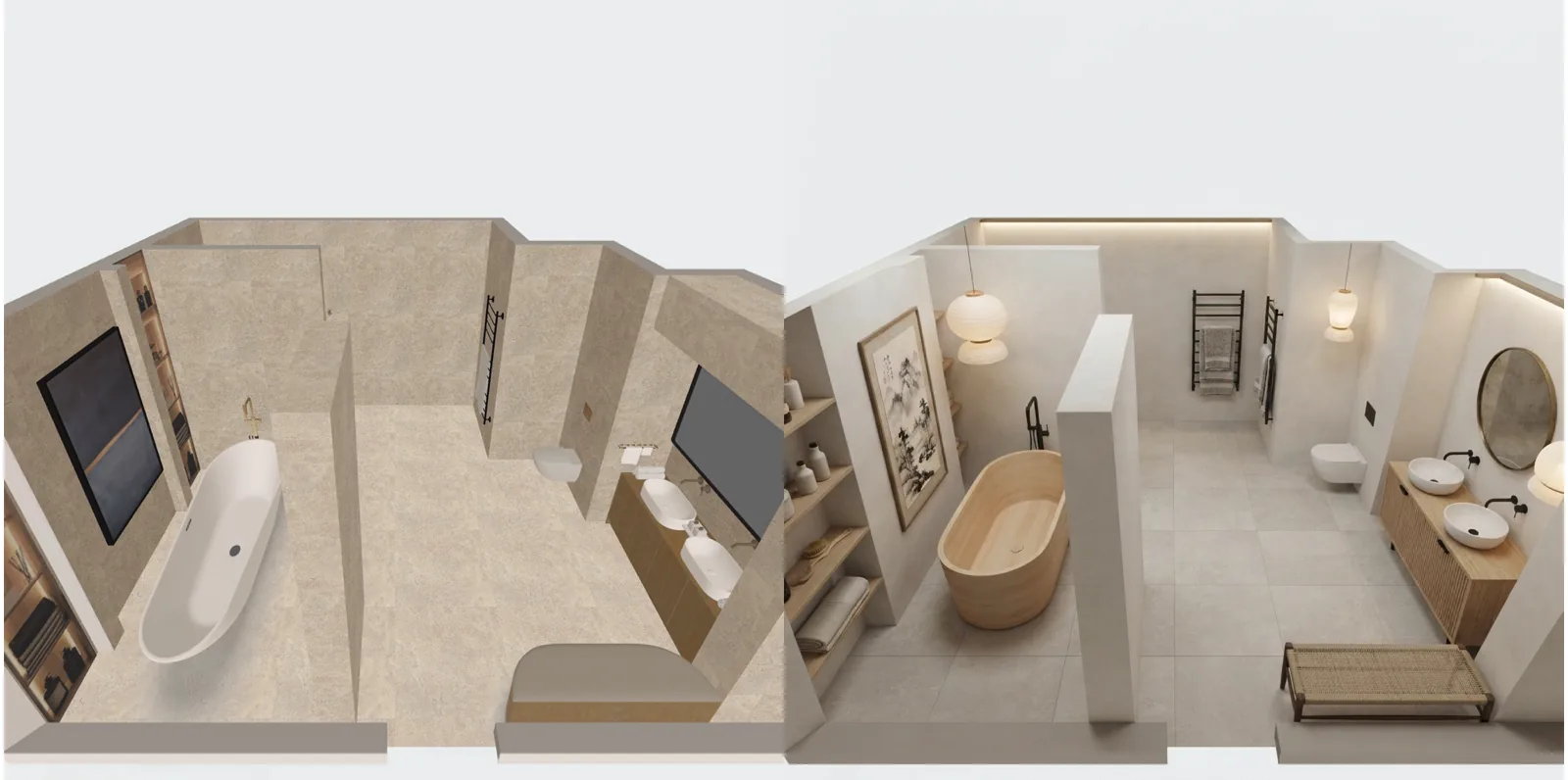 One bathroom before and after AI Redesign, from the same angle