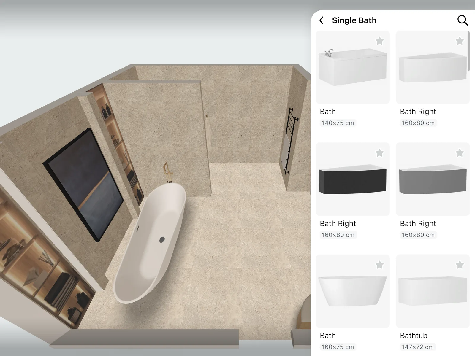 The «Single Bath» catalog category open beside a 3D bathroom with a freestanding tub placed
