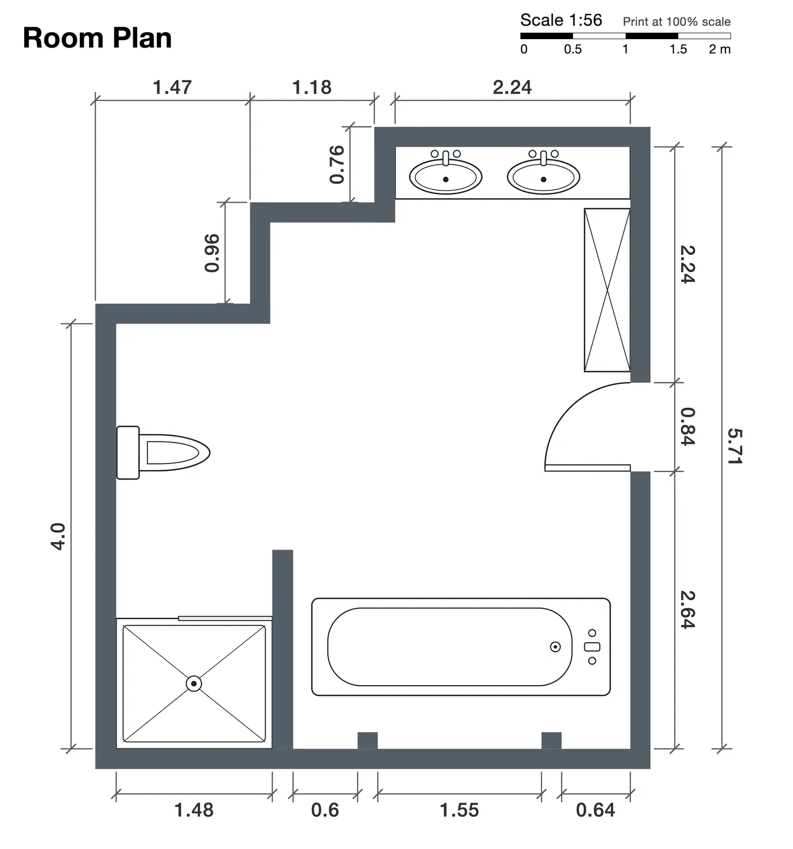 The plan page of a bathroom PDF, with the size of every wall
