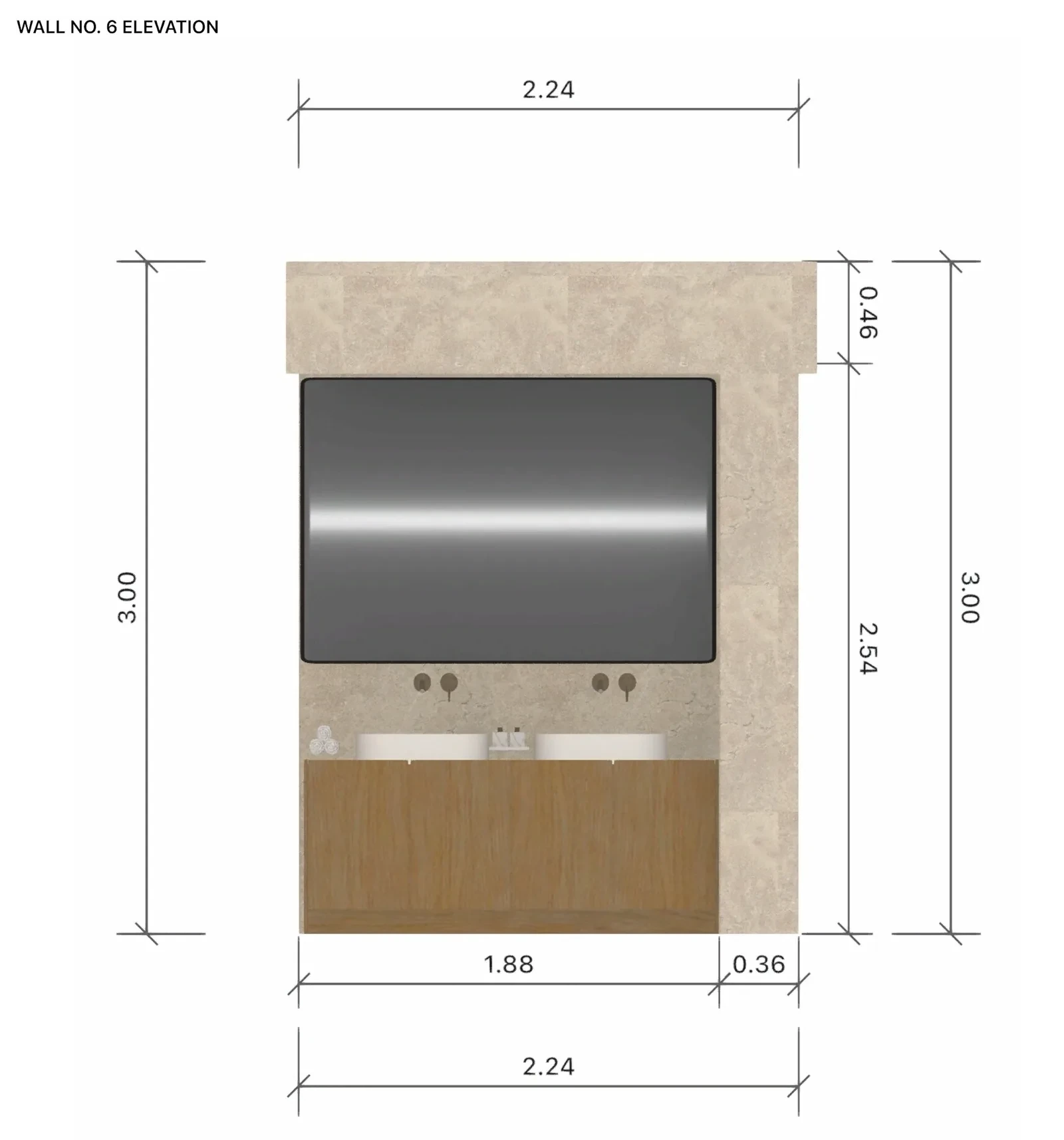A wall page of a bathroom PDF: a double vanity under a wide mirror on a stone-look wall, with dimensions
