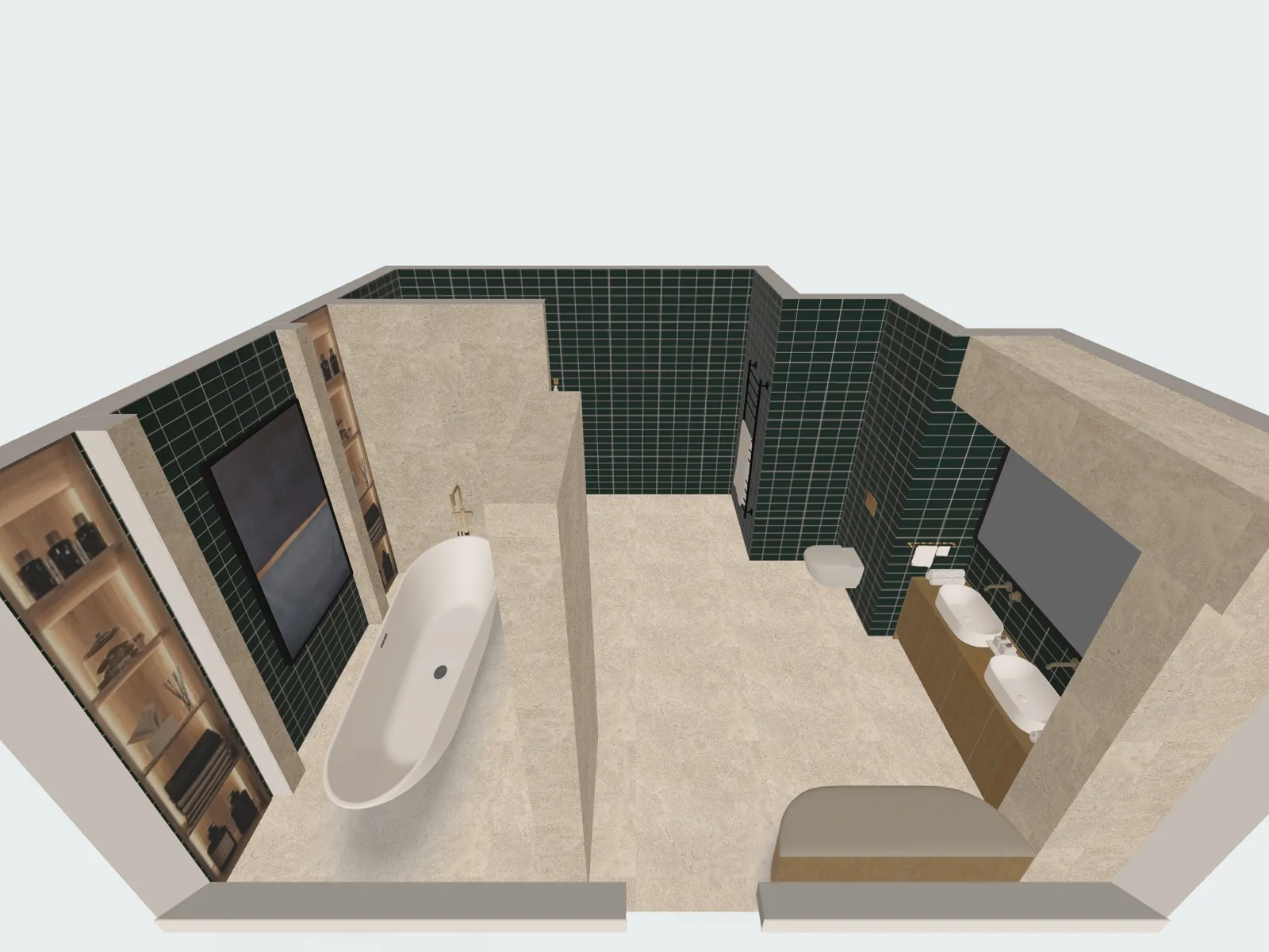 The same bathroom in the 3D view with green wall tile and the same beige stone-look floor