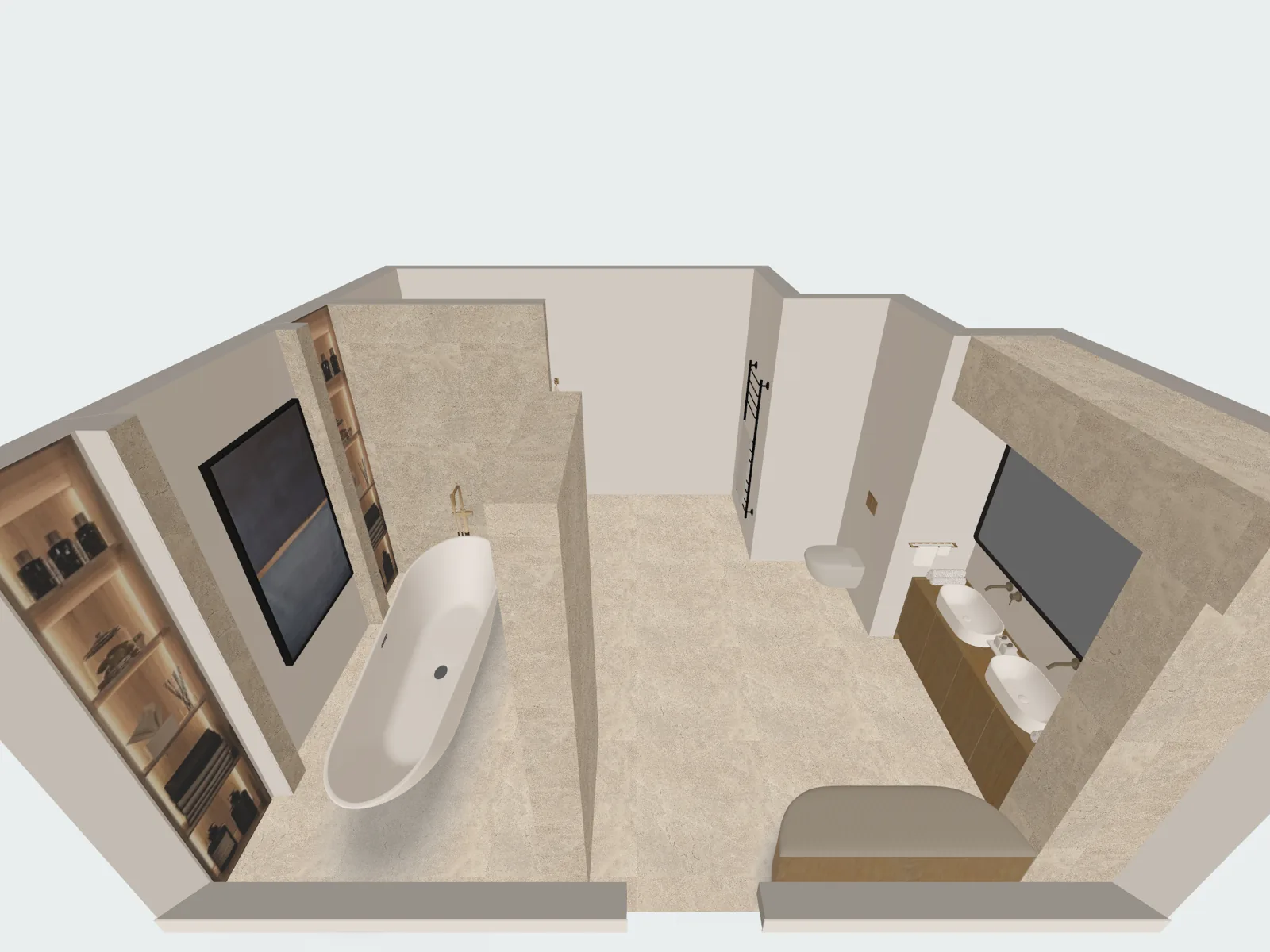 The bathroom in the 3D view with light walls and a beige stone-look floor