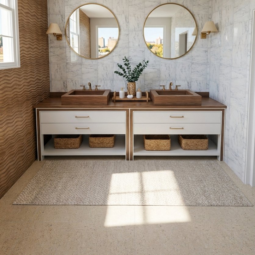 A double vanity: two wooden basins side by side on a white cabinet, each under its own round mirror