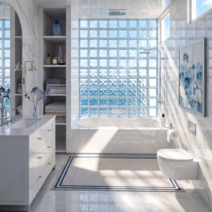 A white bathroom with a tub under a glass-block window, a wall-hung toilet and a vanity with a sink beside shelves of towels