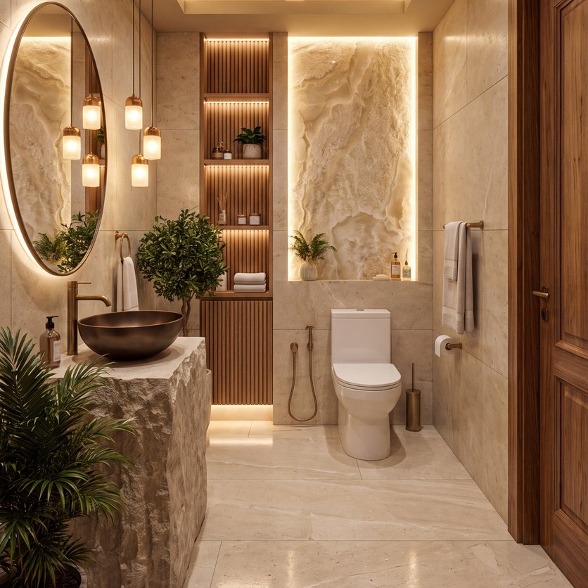 A small powder room: a toilet and a bowl sink on a stone pedestal, with warm lights and wooden panels