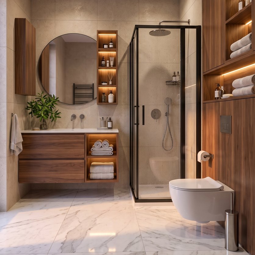 A shower room with a glass walk-in shower, a wall-hung toilet and a wooden vanity under a round mirror