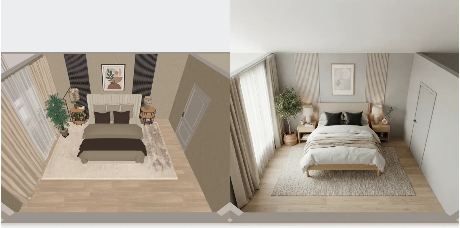 A bedroom in the app's 3D view on the left and the same room restyled by AI Redesign on the right