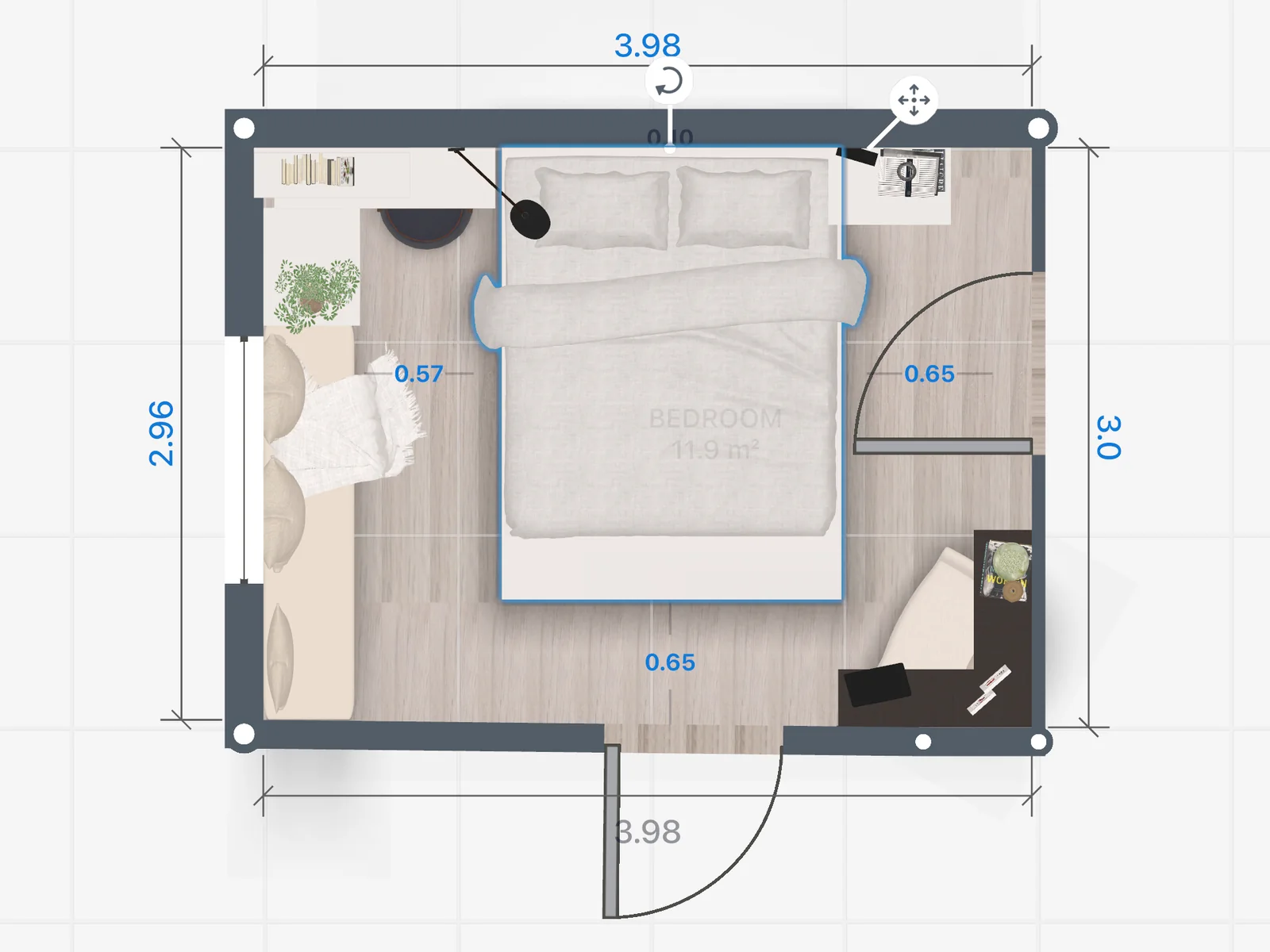 2D floor plan of a bedroom with the double bed selected; blue labels show 0.57 m to the bench under the window, 0.65 m to the door and 0.65 m to the wall at the foot of the bed