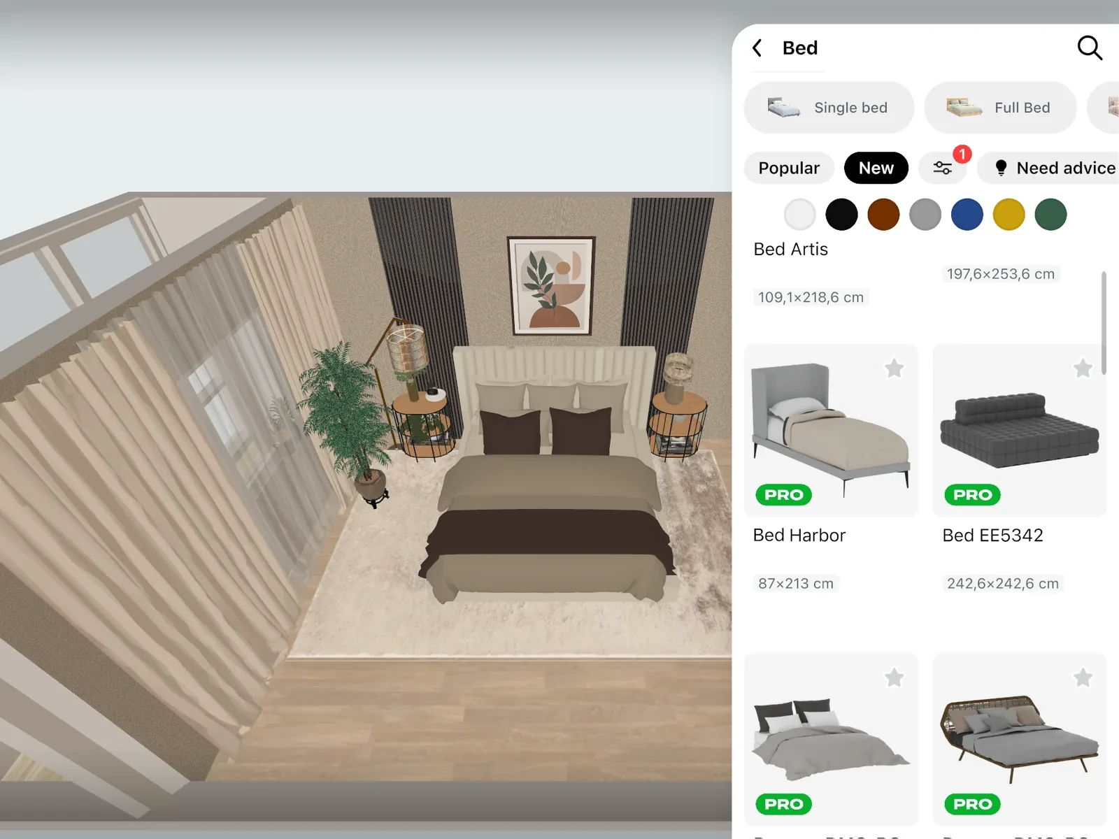 The catalog panel open on «Bed», next to the 3D bedroom with a double bed placed