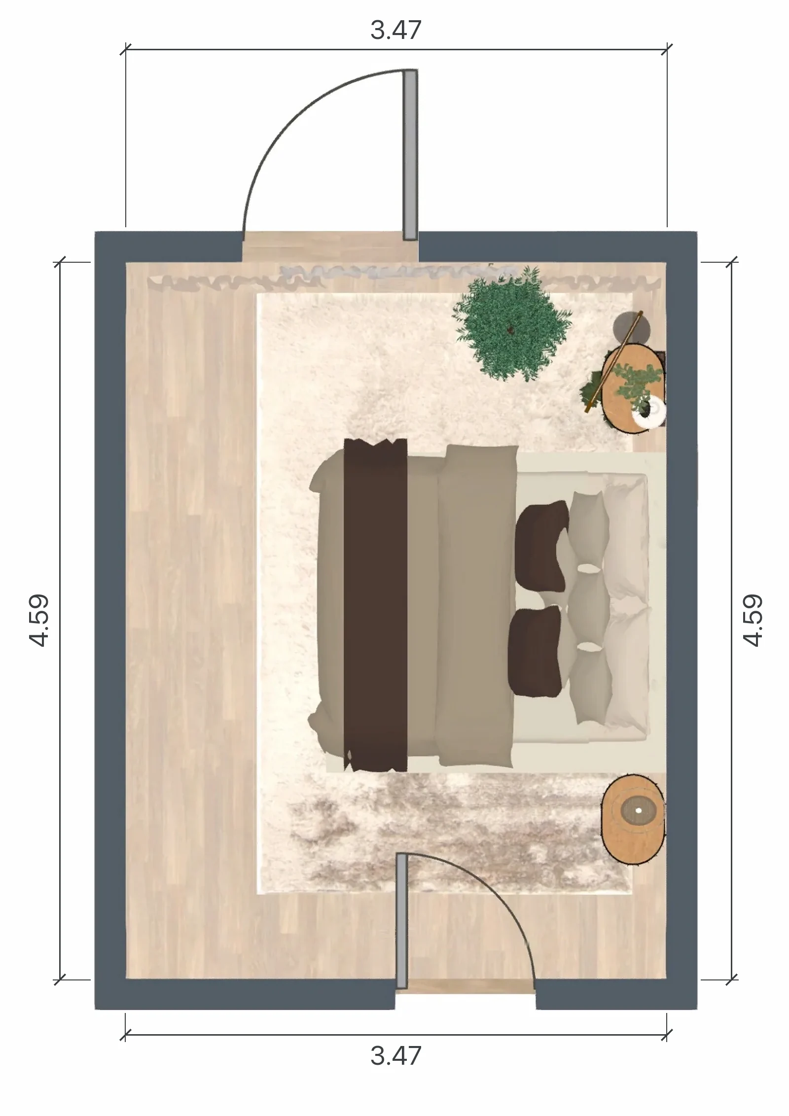 A PDF page of a bedroom plan, 3.47 by 4.59 m: a double bed with a nightstand on each side, a rug and two doors, with wall sizes