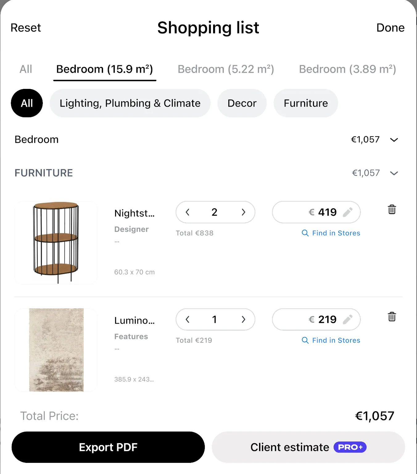 The shopping list of a bedroom: two nightstands and a rug, each with its price, and the total