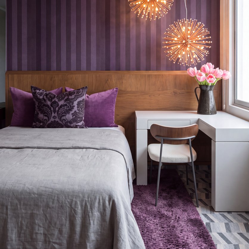 A bedroom with a double bed and a white corner desk with a chair by the window