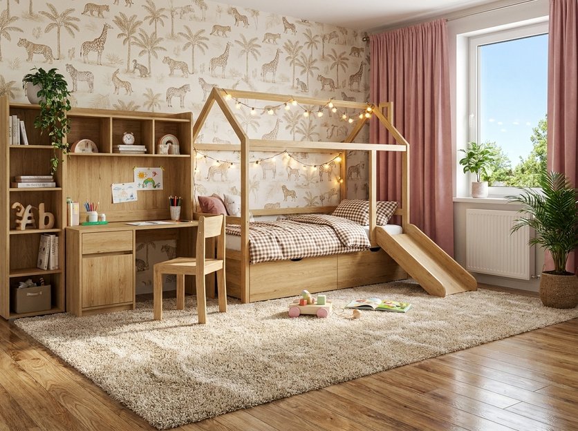 A kids room with a house-shaped bed with a slide, a wooden desk and shelves, and toys on a soft rug