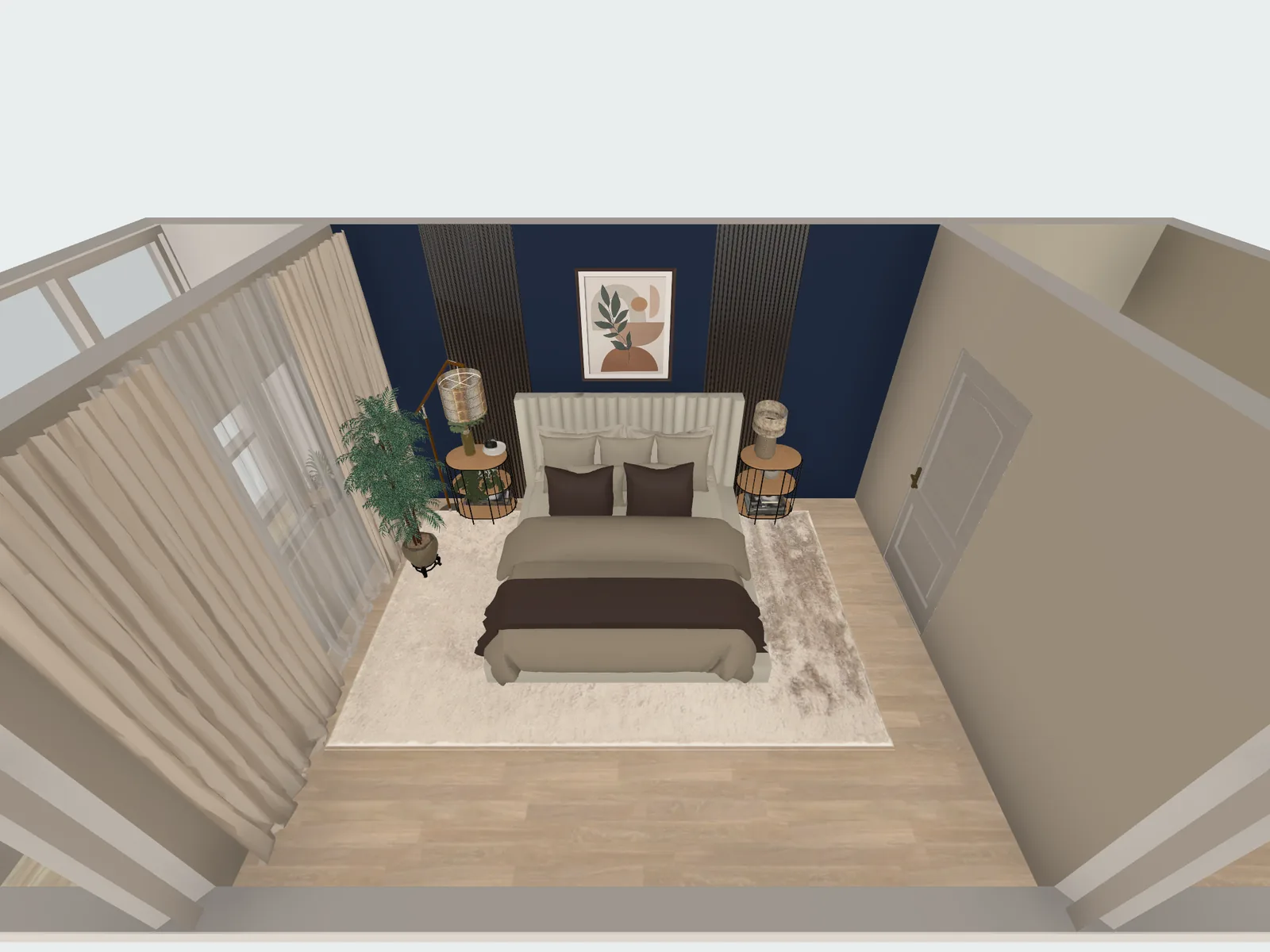 The same 3D bedroom in the app with a navy wall behind the bed