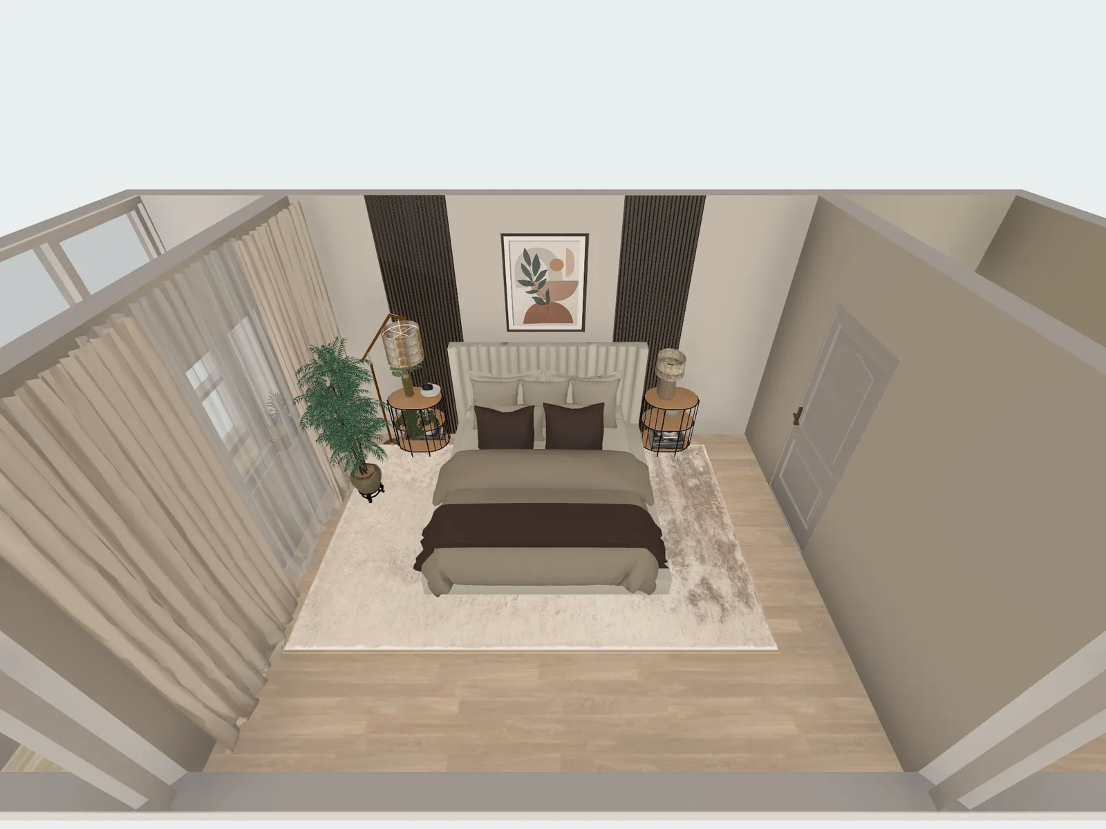 The same 3D bedroom in the app with beige walls