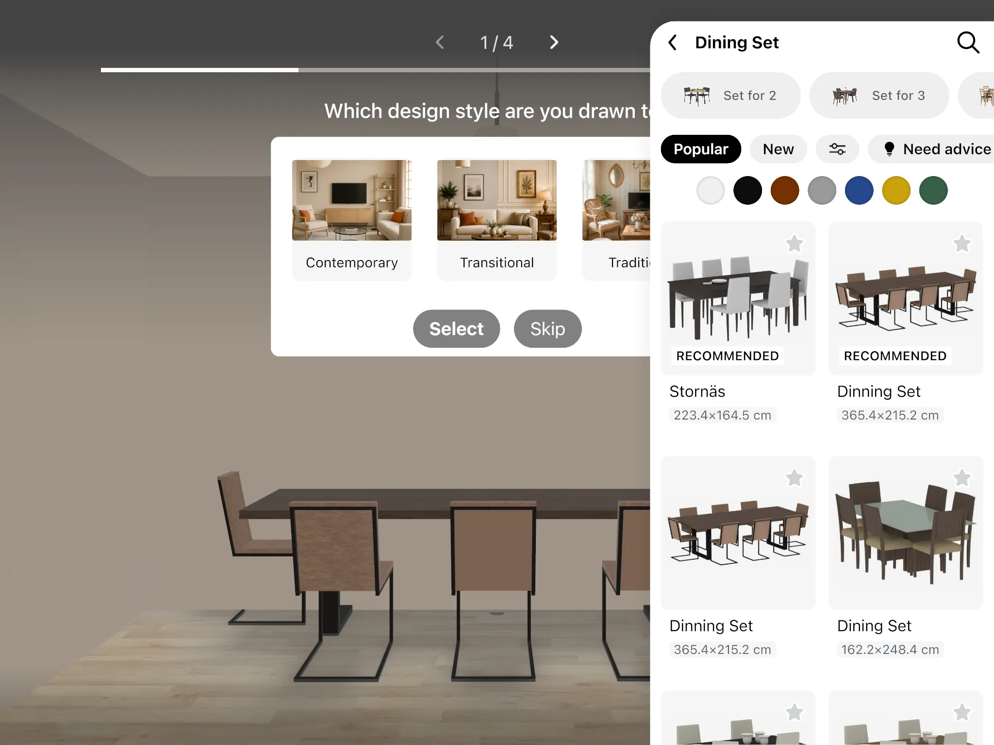 The catalog open on a dining set for six beside the same set in a 3D dining room