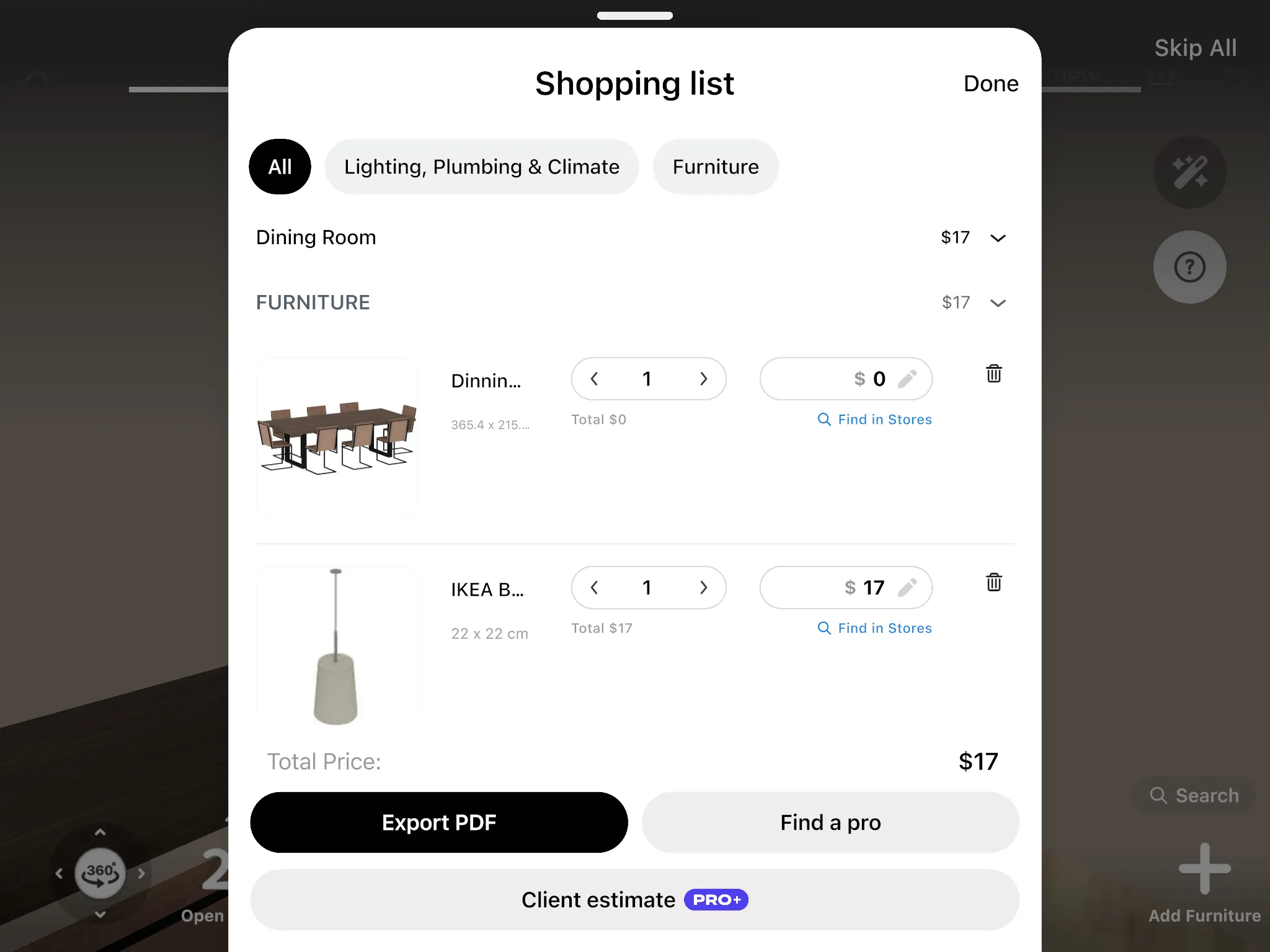 The shopping list of a dining room with a table, chairs, a sideboard and lights and the total