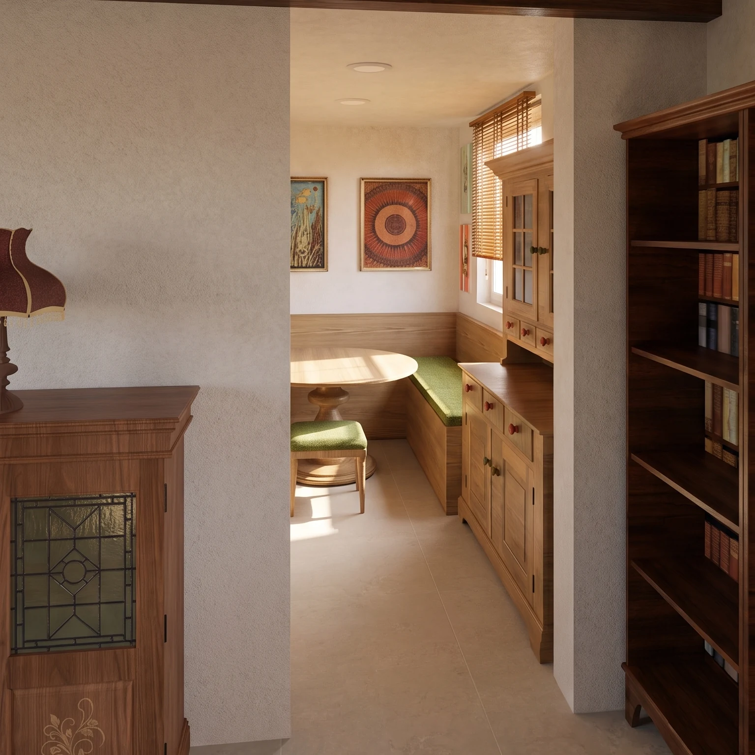 A breakfast nook with a corner bench, a small table and a pendant light