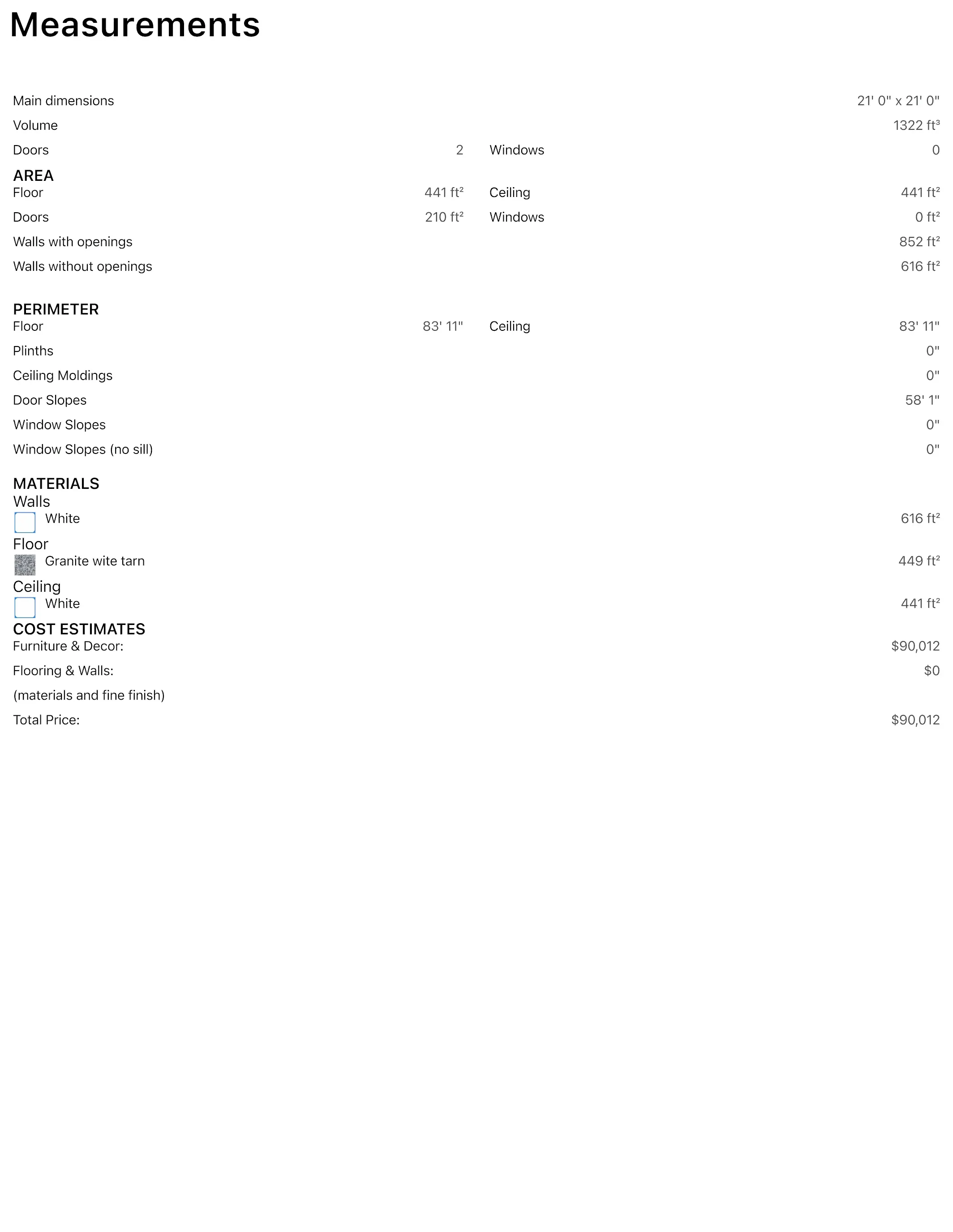 The plan page of a garage PDF with the length of each wall