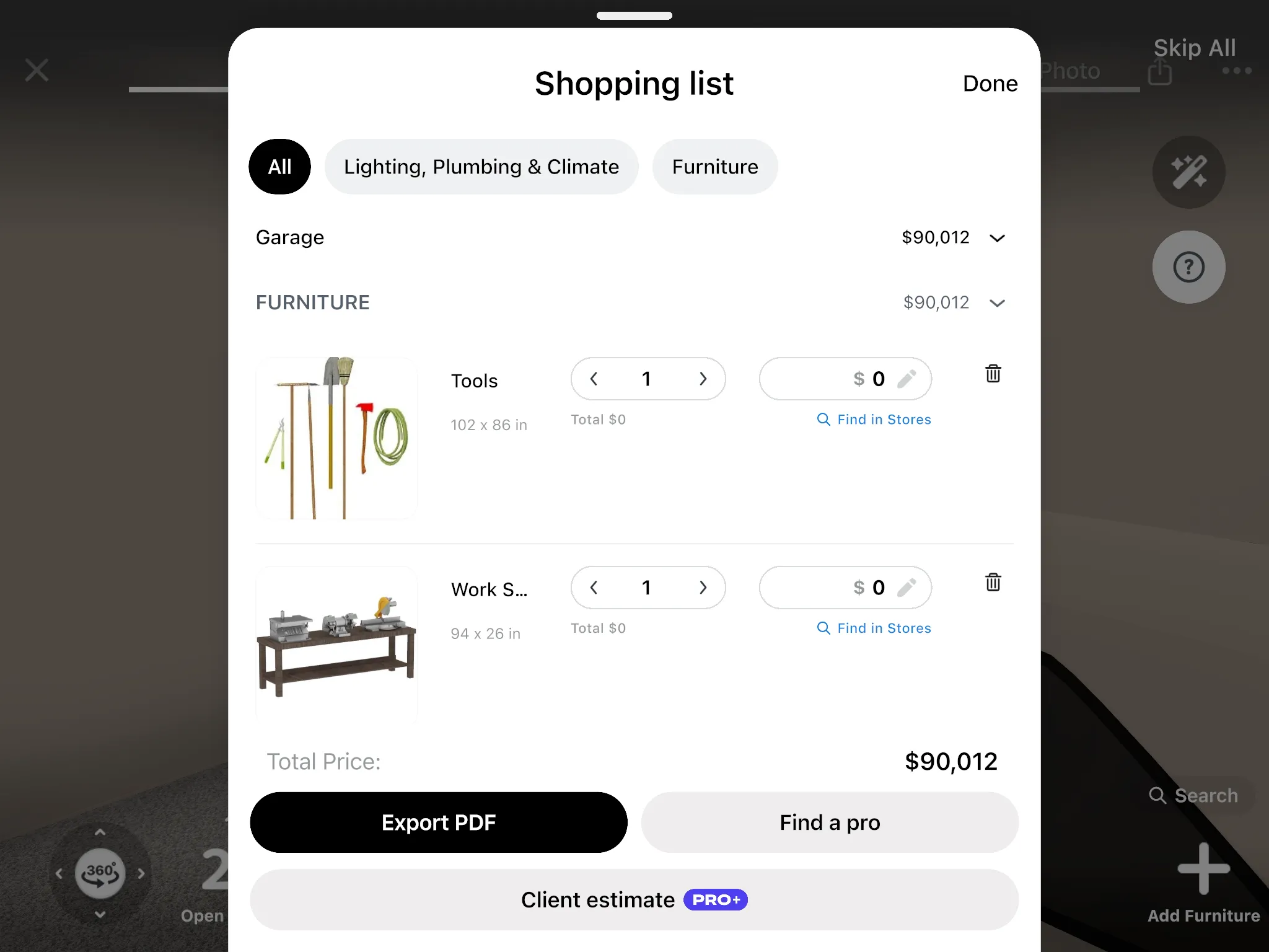 The shopping list of a garage with cabinets, shelves and lamps and the total
