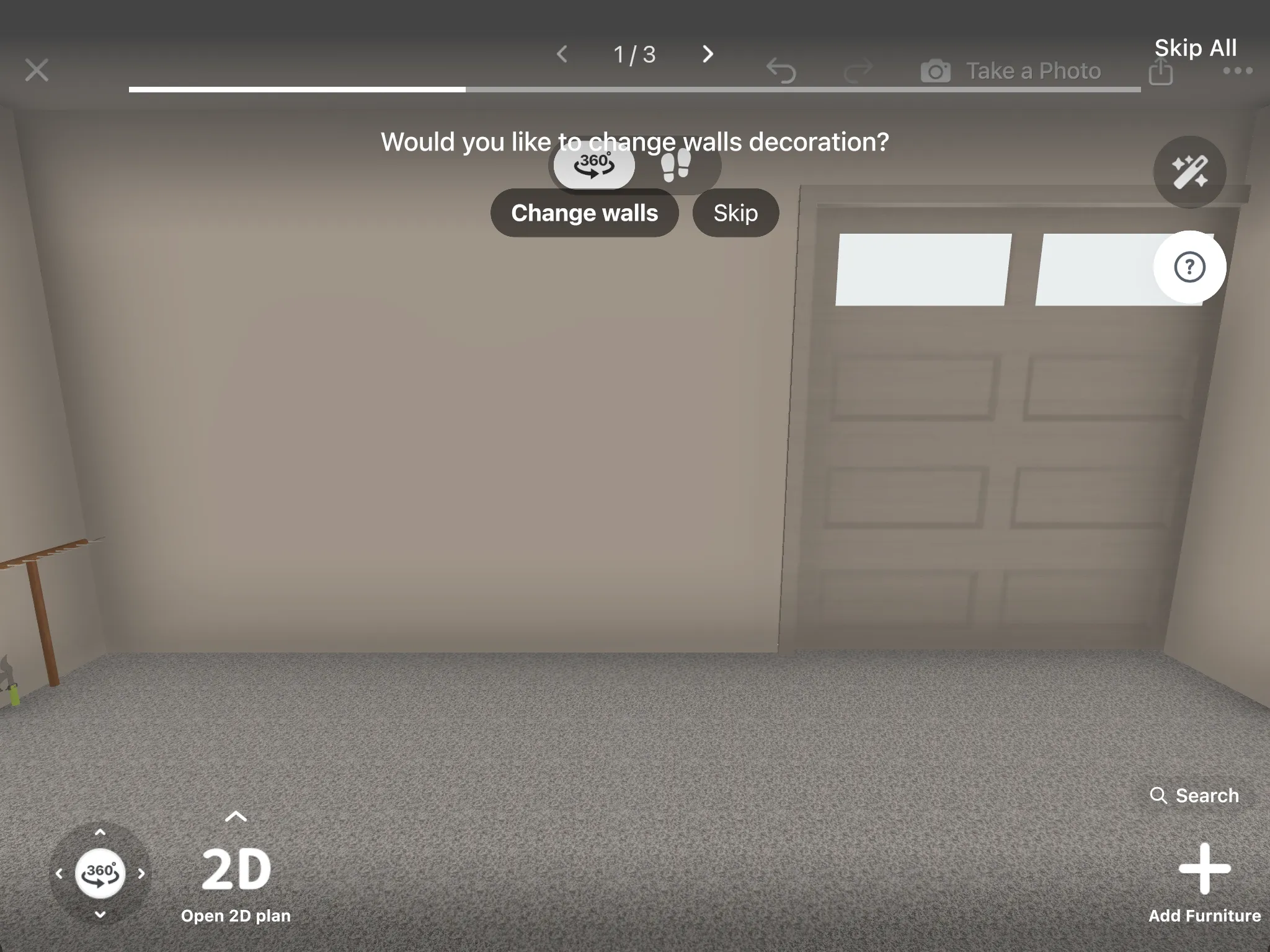 A garage in 3D with tall cabinets and shelves on the back wall and a car parked in front