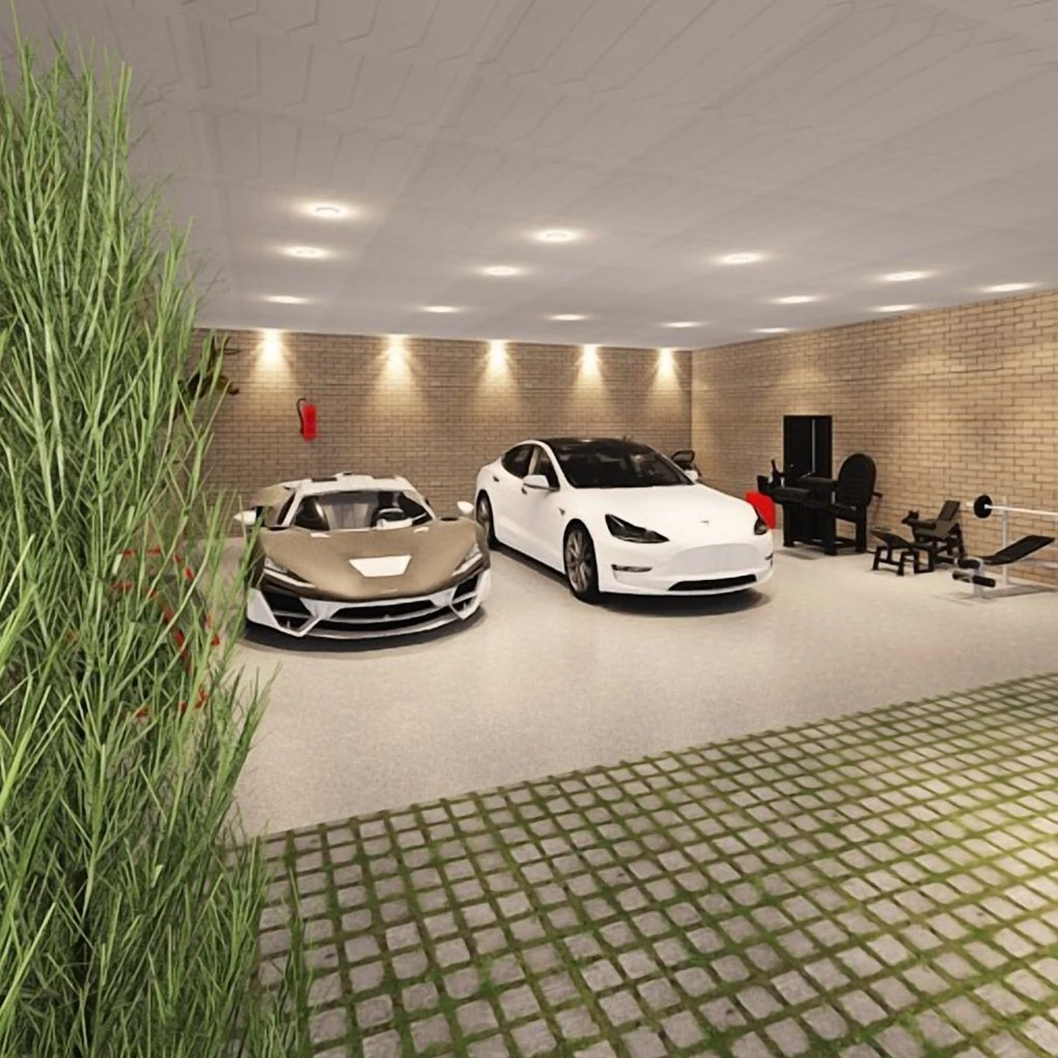 A garage with exercise equipment in one bay and the car in the other