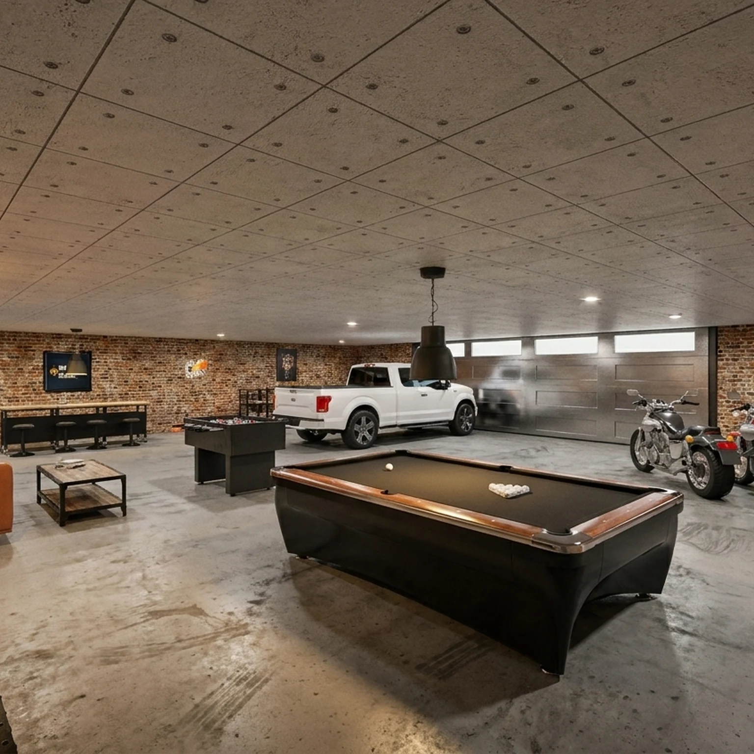 A garage lounge with a sofa, a TV, a game table and a motorbike on show