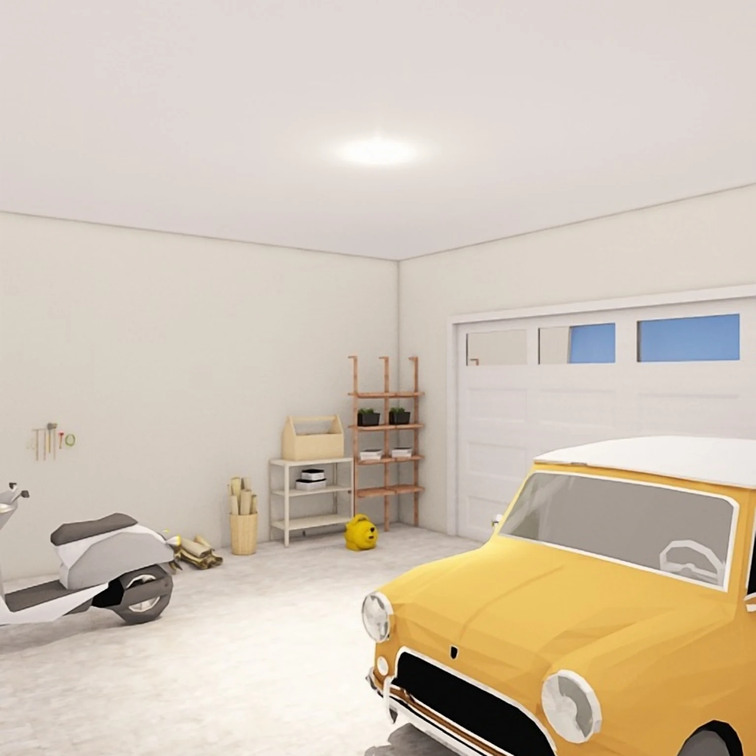 A one-car garage with the car on one side and tall cabinets and shelves along the other wall