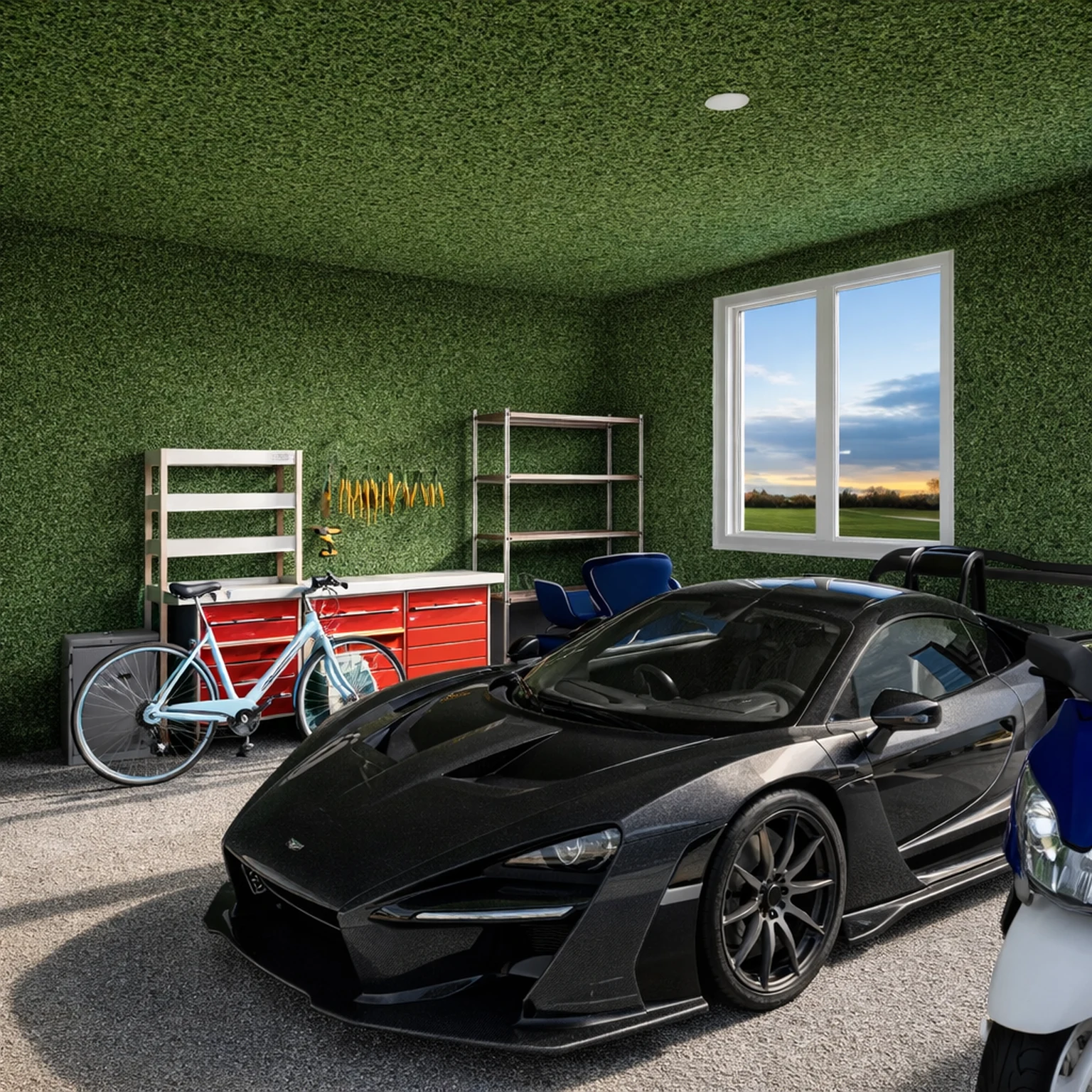 Two cars side by side in a garage with storage across the back wall