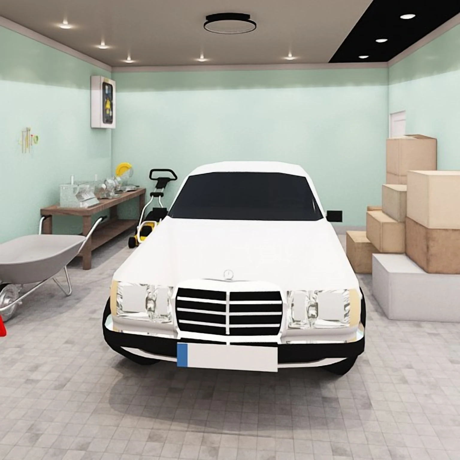 A garage with the car in one bay and a workshop with tool storage in the other