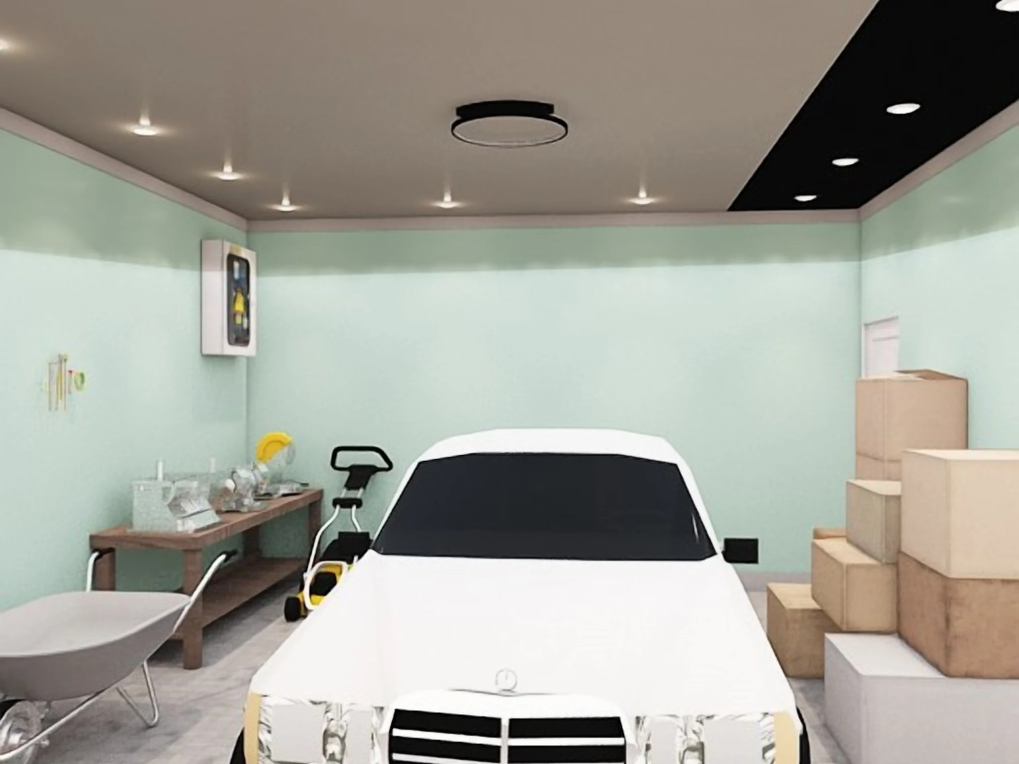 A garage workshop corner in 3D with workshop equipment and wall storage next to a parked car