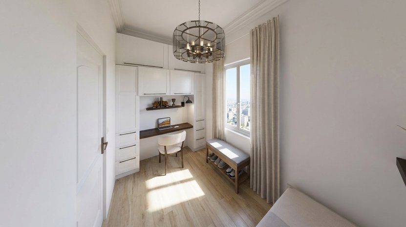 A desk and shelves fitted into a wall niche, with a lamp above the desk