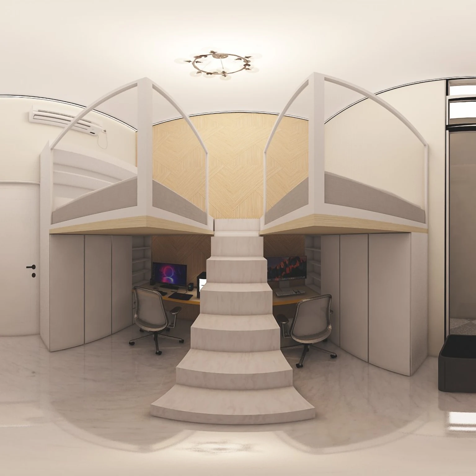 Two desks side by side with shared storage between them