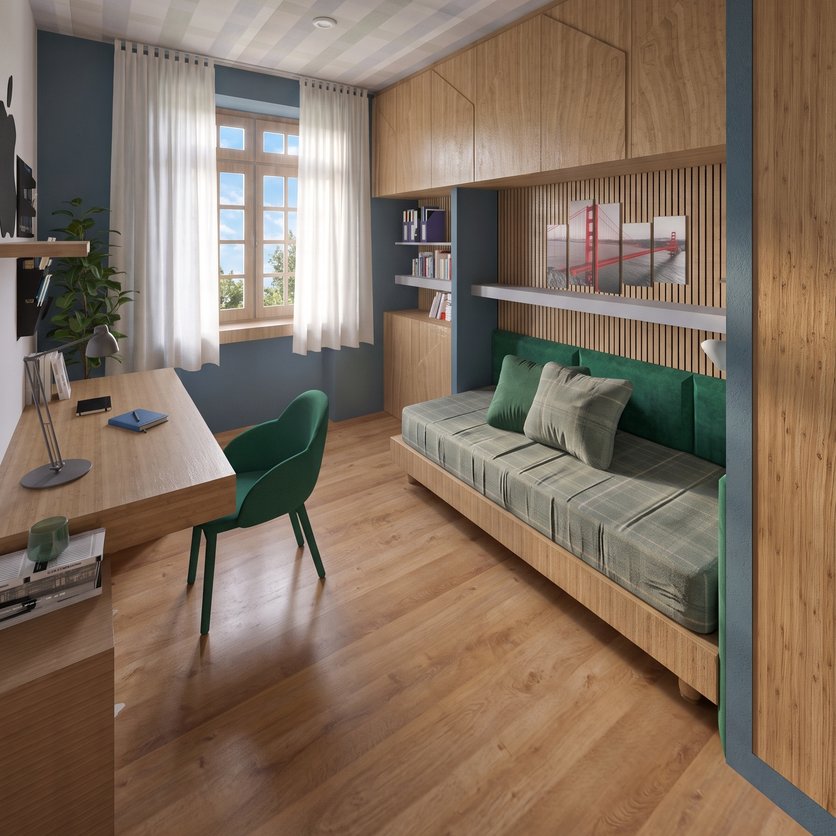 A guest room with a desk on one wall and a daybed on the other