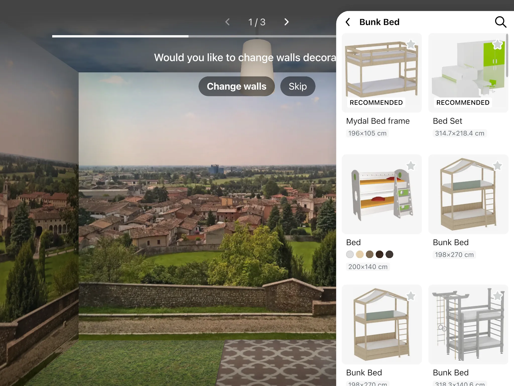 The catalog open on bunk beds beside a 3D kids' room with the bunk bed placed
