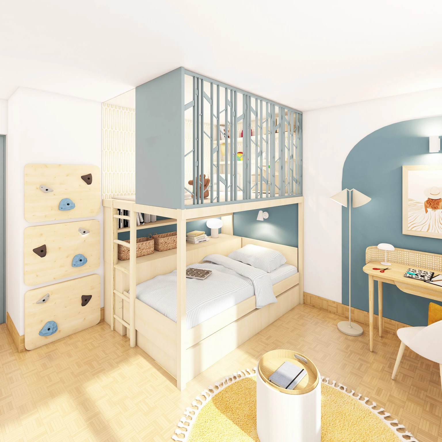 A kids' room with a loft bed and a desk underneath