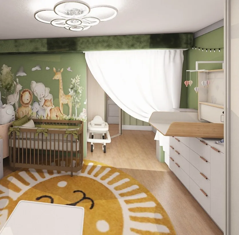 A nursery with a crib, a changing dresser, a round lion rug and an animal mural on the wall