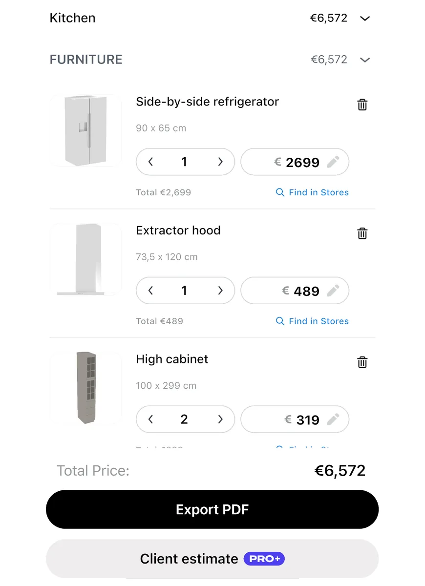 The shopping list in the app: items with size, quantity and price, the total, an Export PDF button and a Client estimate button