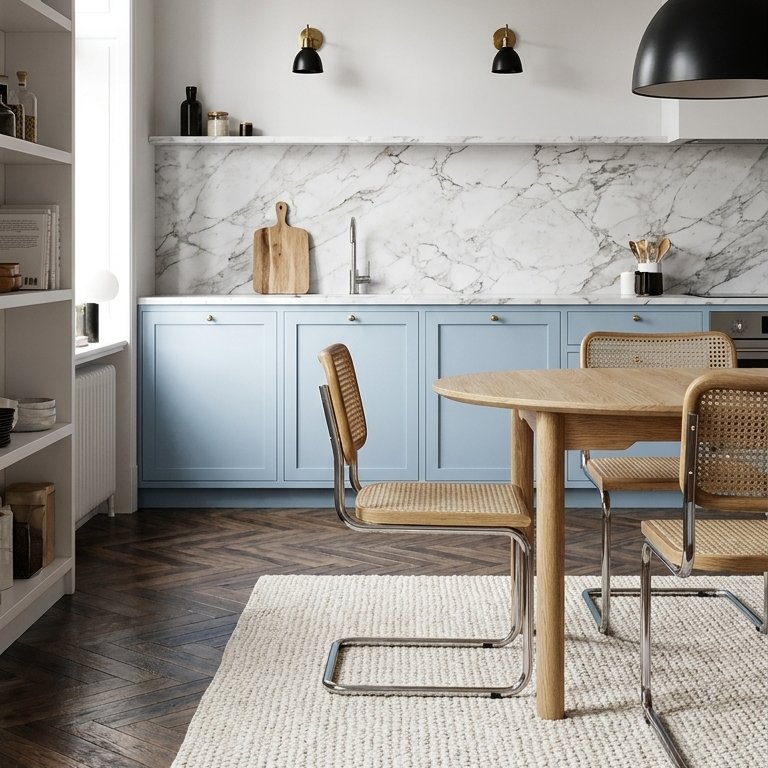 A one-wall kitchen: light blue cabinets and a marble backsplash along a single wall, with a round wooden table and cane chairs in front