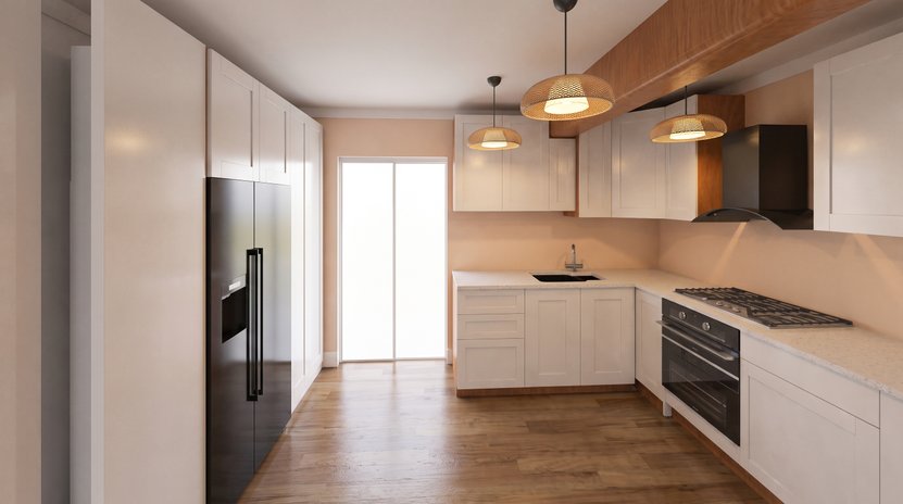 A U-shaped kitchen: a tall fridge wall on the left, the sink wall at the back, a cooktop and an oven on the right wall, a wooden floor between