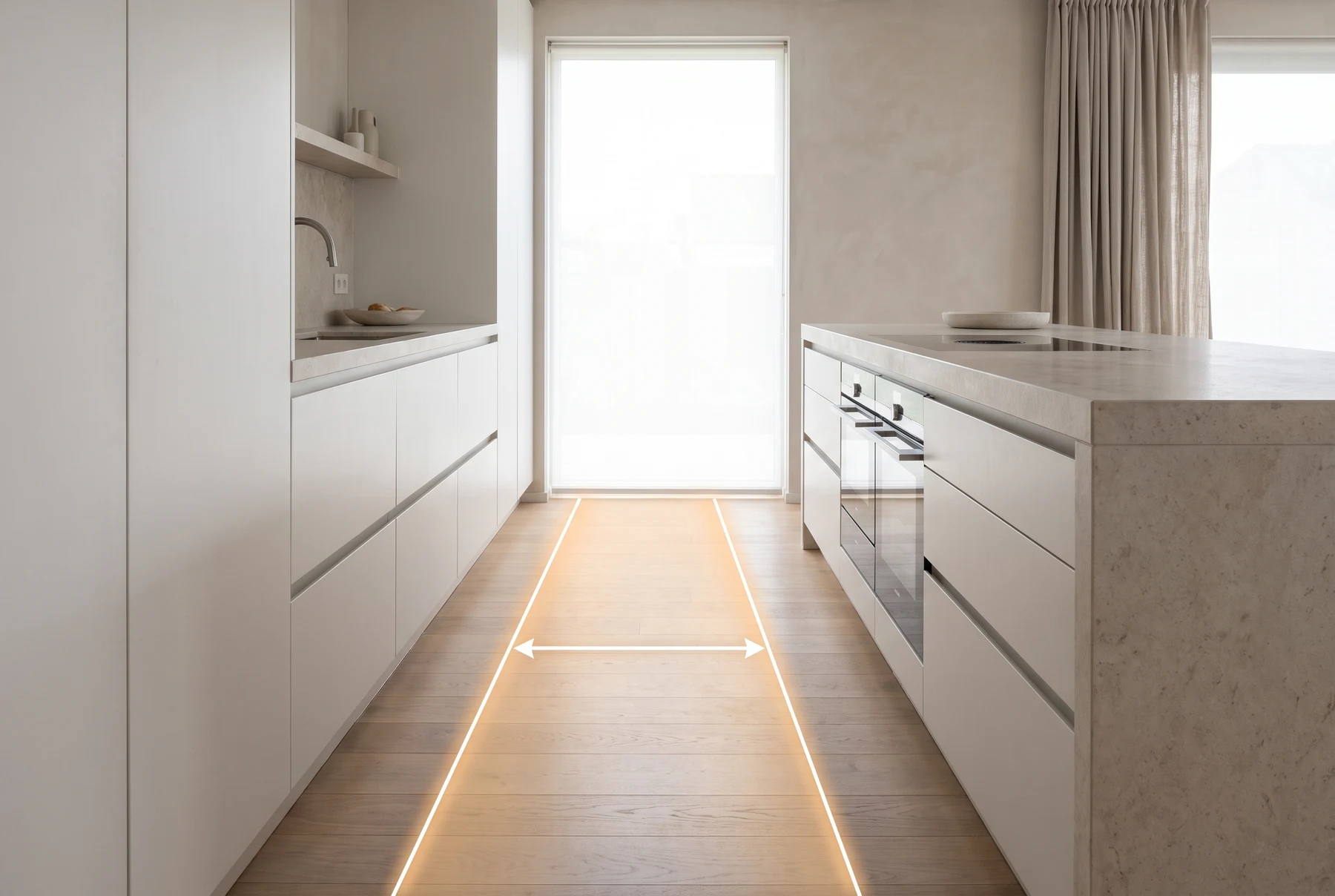 A kitchen with a glowing walking lane between the island and the counters, marked with a width arrow