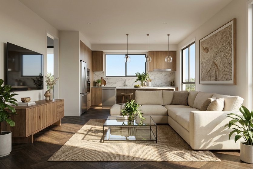 An L-shaped corner sofa around a glass coffee table on a rug, with the kitchen behind it