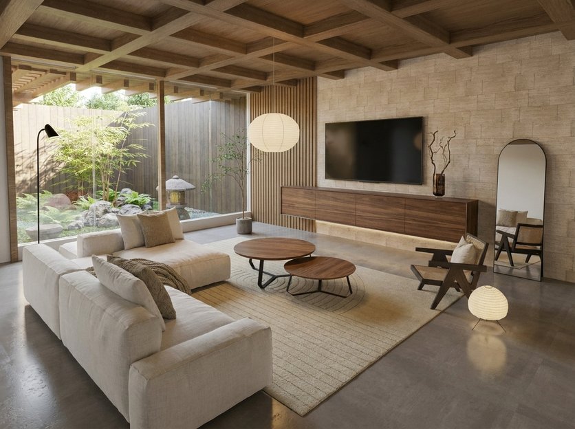 A living room with the TV on the wall above a long wooden cabinet, a white sofa, two nested coffee tables and a rug