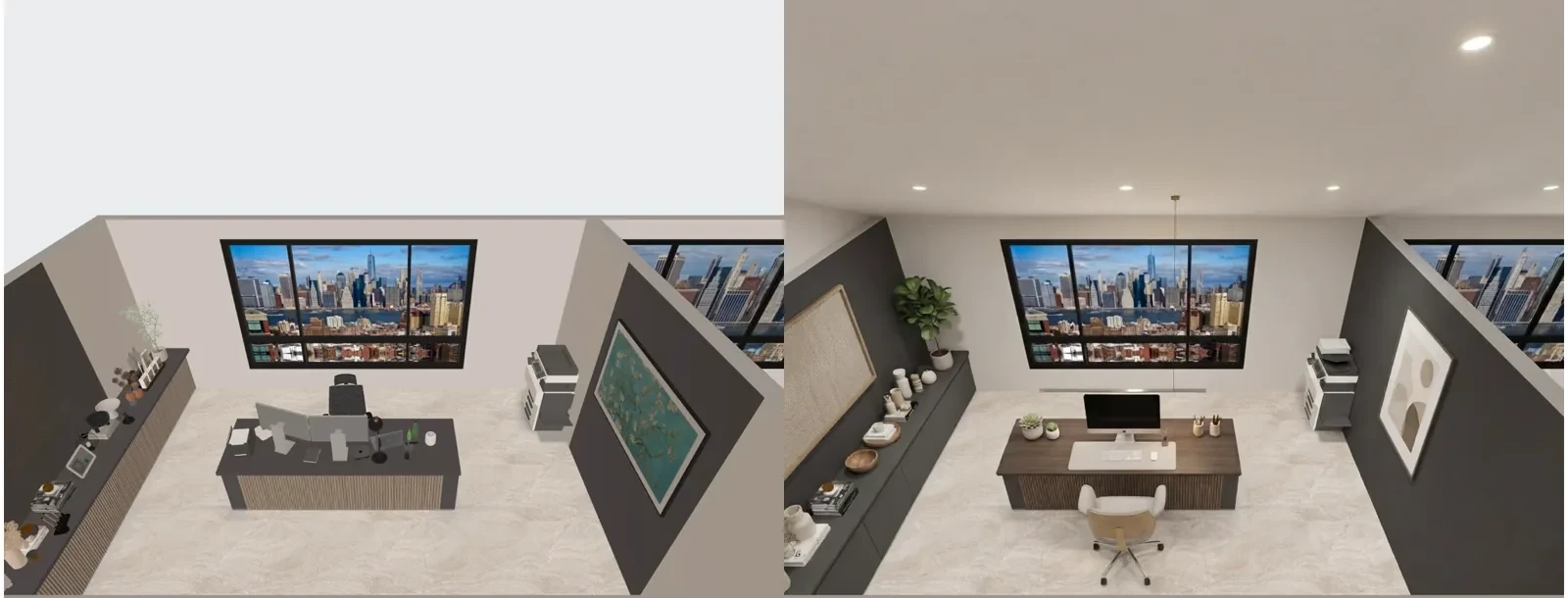 An office in the app's 3D view on the left and the same office restyled by AI Redesign on the right
