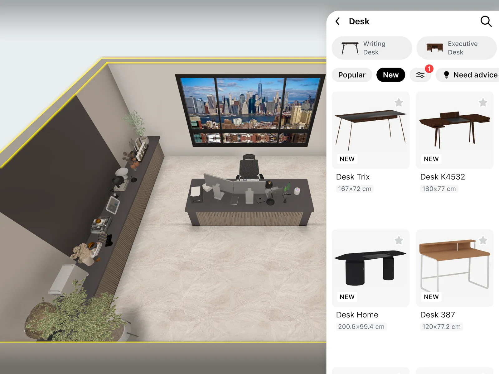 The «Desk» catalog open beside a 3D office with a desk and an office chair placed