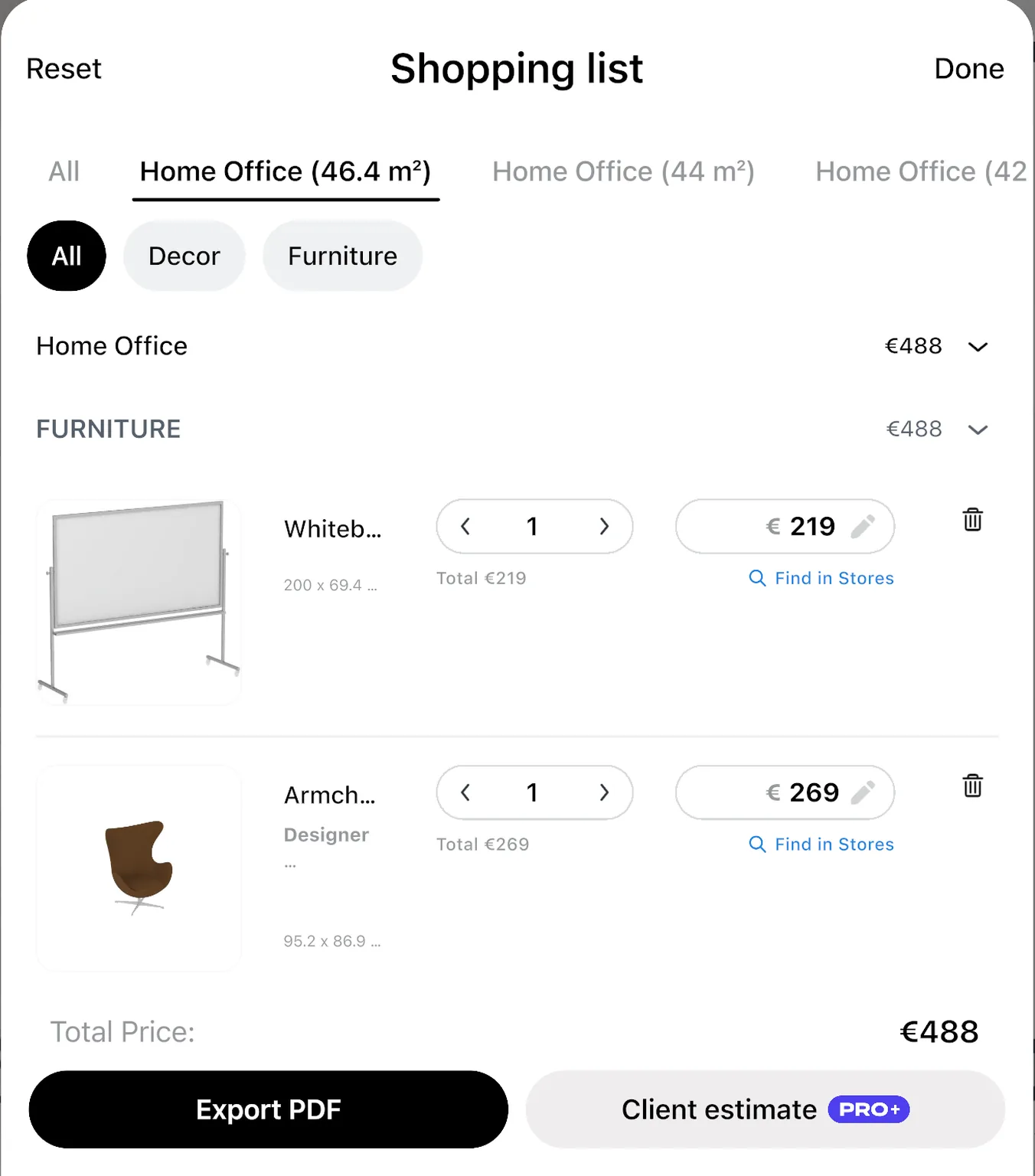 The shopping list of a home office: a whiteboard and an armchair with their prices, and the total