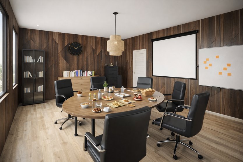 A meeting room: an oval table with black office chairs, a projection screen and a whiteboard with notes on the wall