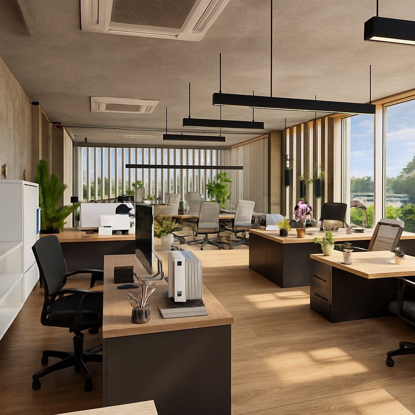 An open-plan office: clusters of desks with office chairs in one bright hall, split into zones by slatted partitions and plants